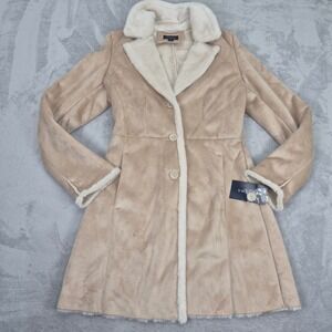 NWT Pennylane Womens S Beige Faux Suede Fur Trimmed Coat Jacket Y2K  Button Boho